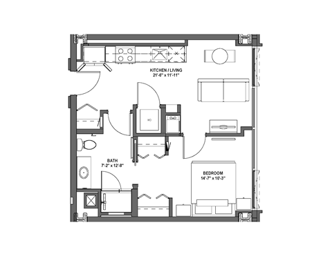 Floor plan for 1 bed, 1 bath, 553 sqft